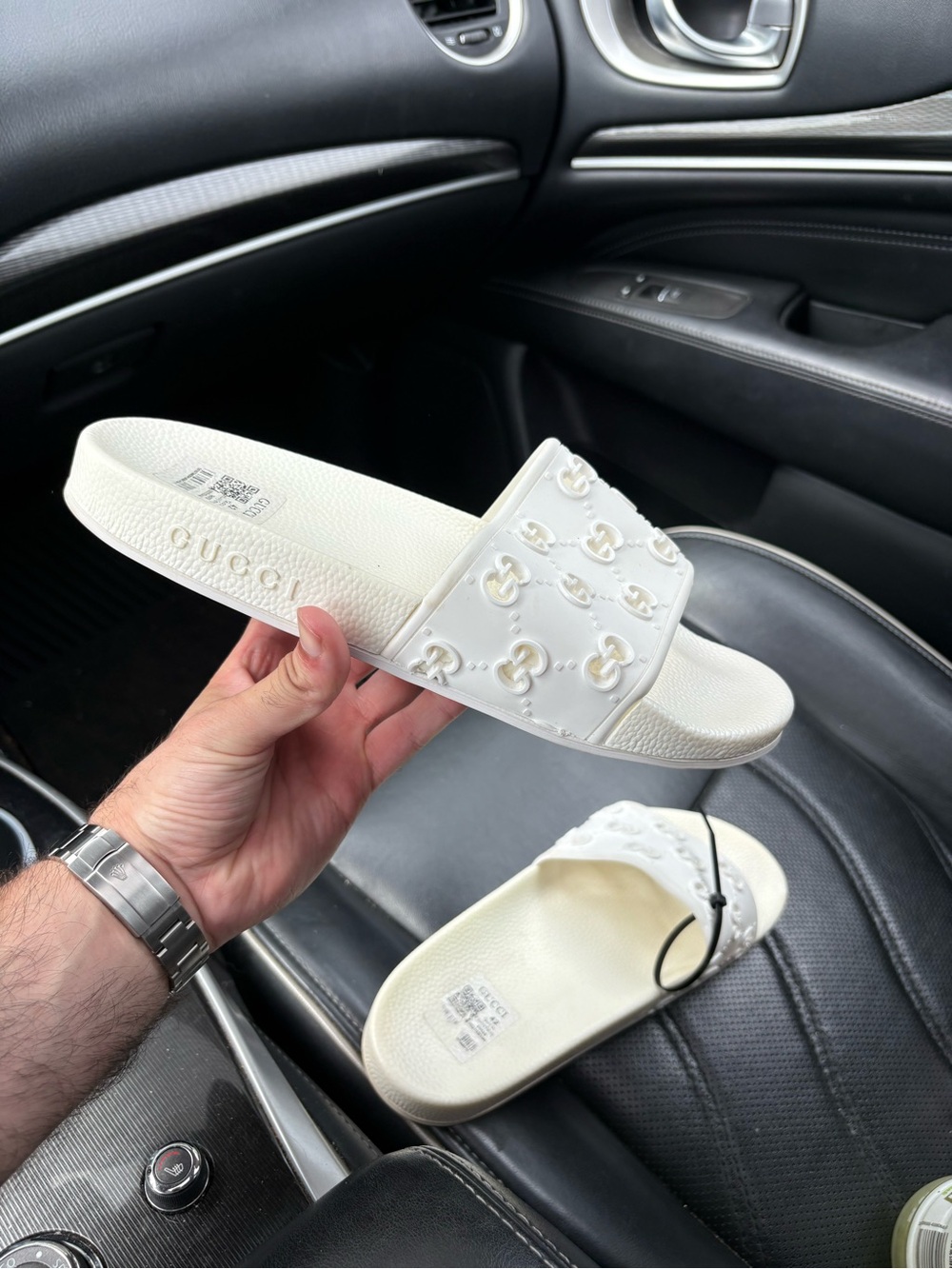 Gucci White Logo Embossed Slide Sandals Sz 42